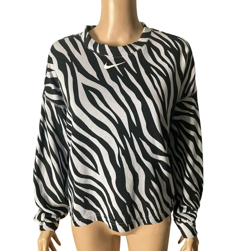 Nike Zebra Print Sweatshirt Womens Small Center Swoosh Black White Oversized